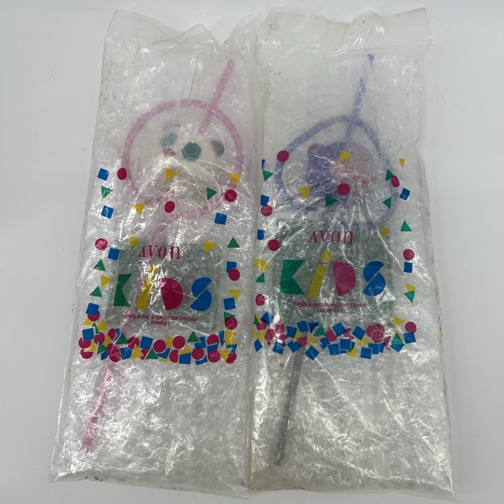 2-Vintage 1996 Avon Kids Jungle Pals Rainbow‎ Straw Monkey Panda Pink Purple NOS